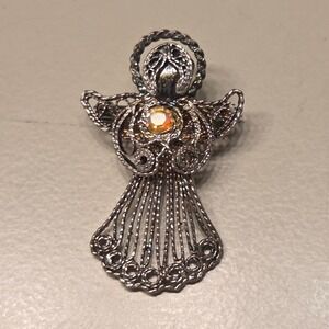 Vintage Angel Brooch Pin Silver Tone Aurora Borealis AB Rhinestone Filigree